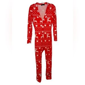 CBR Red Heart Deer Button-down Front V-neck Buttoned Flap Jumpsuit Pajama Onesie